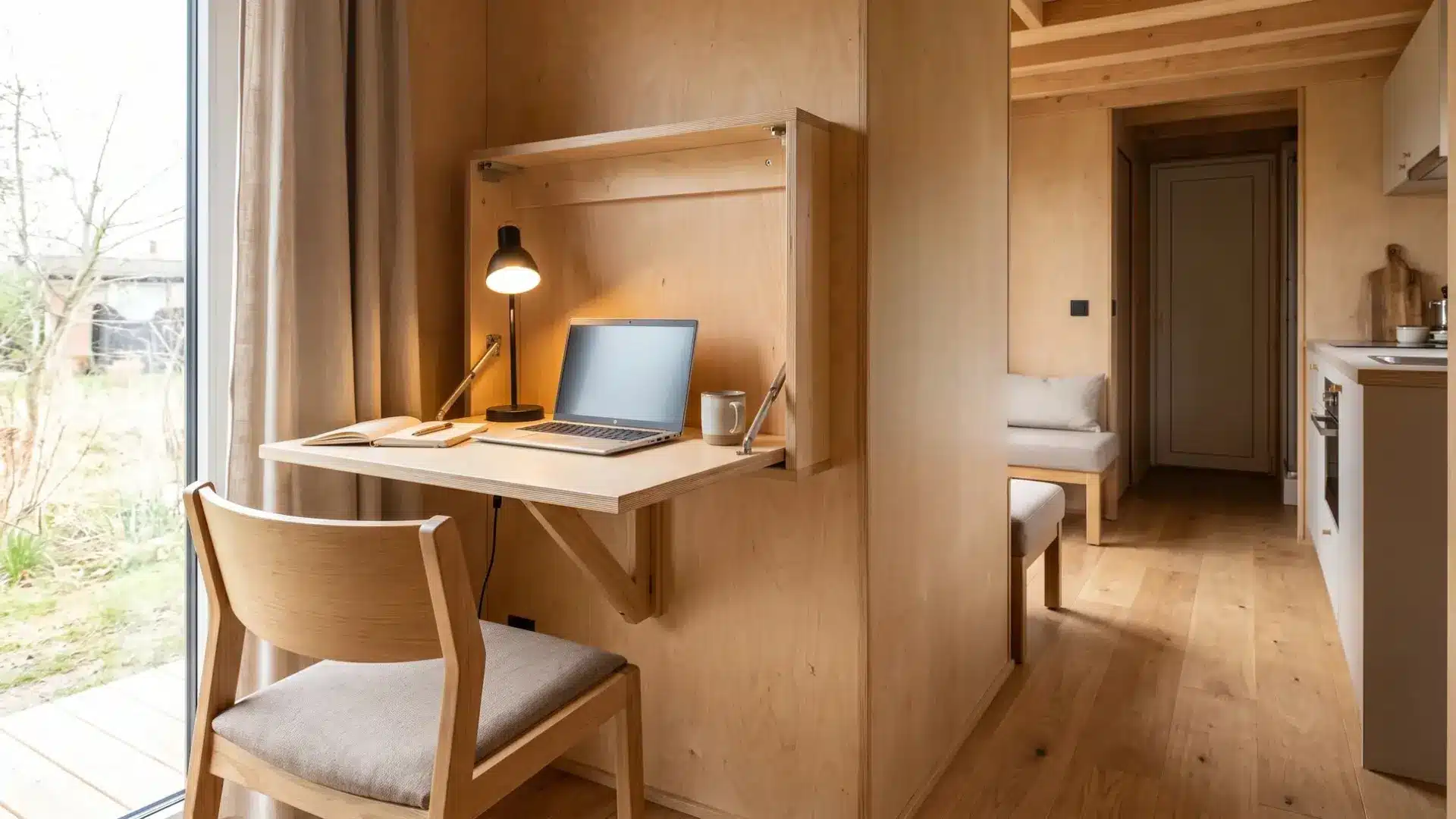 Fold-down desk with laptop and chair mounted on a wall in a compact tiny home living area