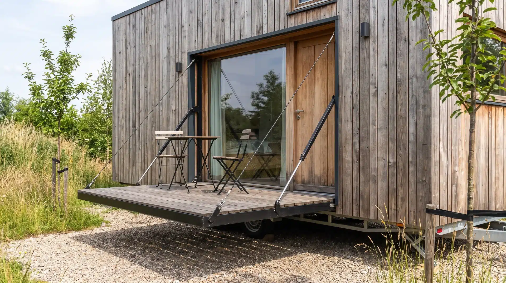 Fold-out deck extended from a tiny home wall with two chairs and a small table