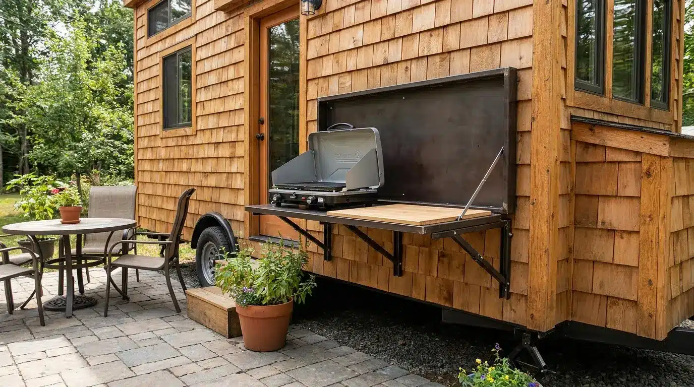 Fold-out grill station attached to a tiny home exterior wall