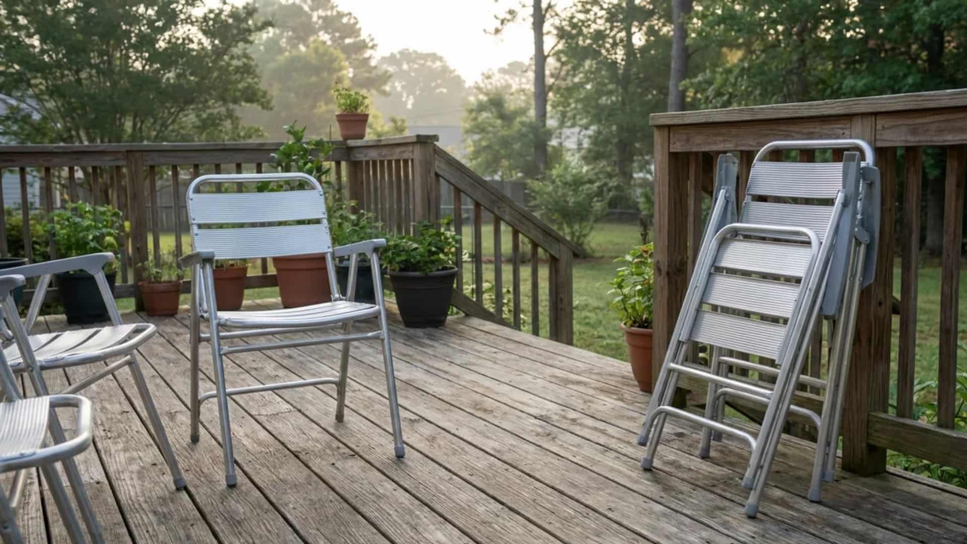 Foldable aluminum chairs stacked and open on a small wood deck