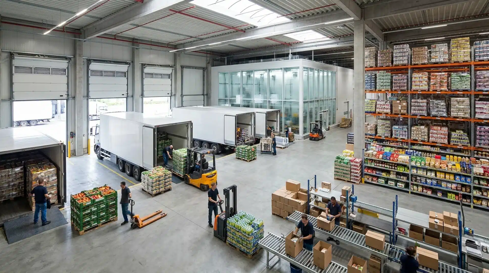 Food and beverage logistics warehouse with trucks, pallets, cold storage, and workers handling products