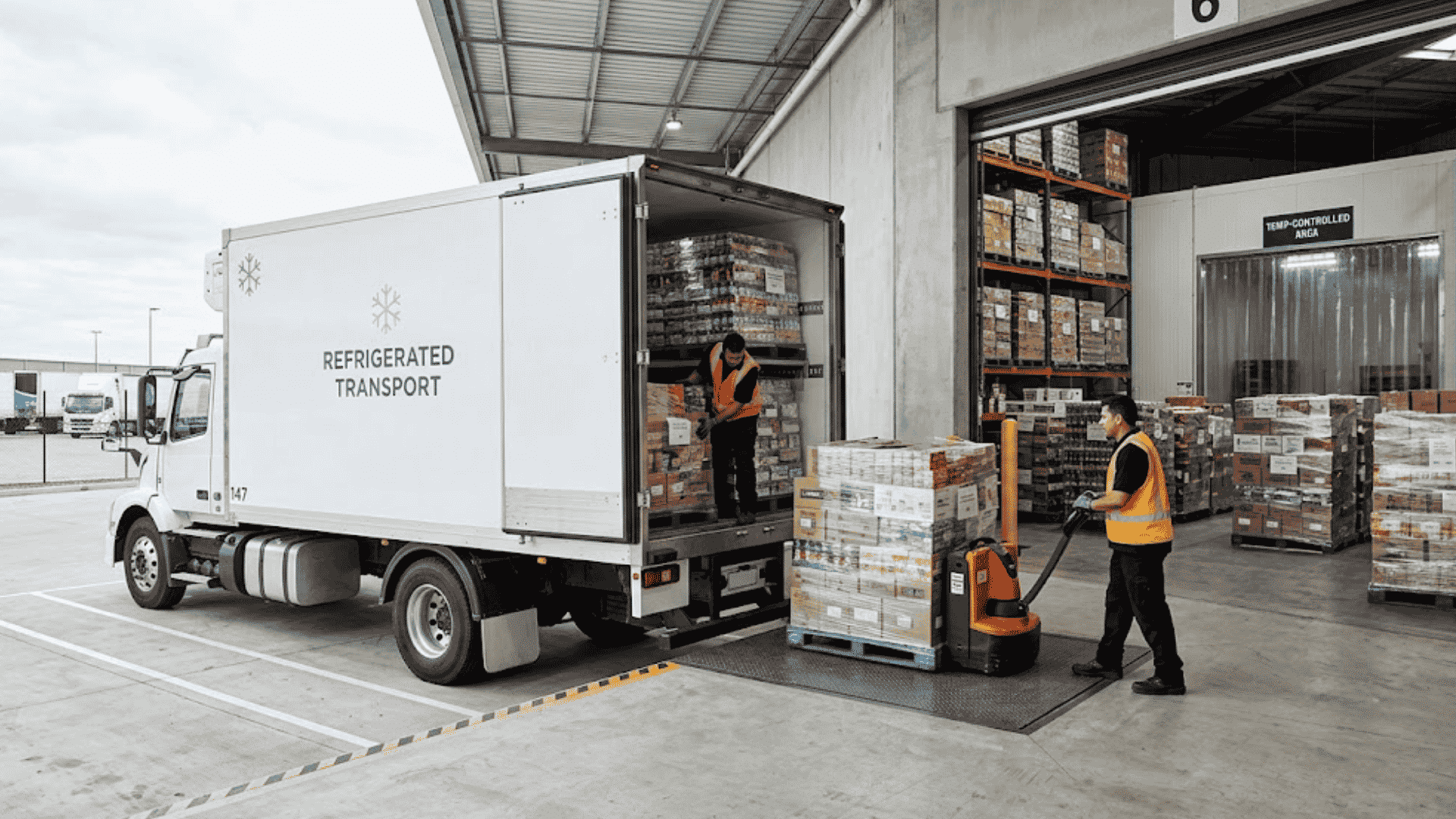 Food and beverage logistics with refrigerated trucks, warehouse storage, and packaged food pallets.