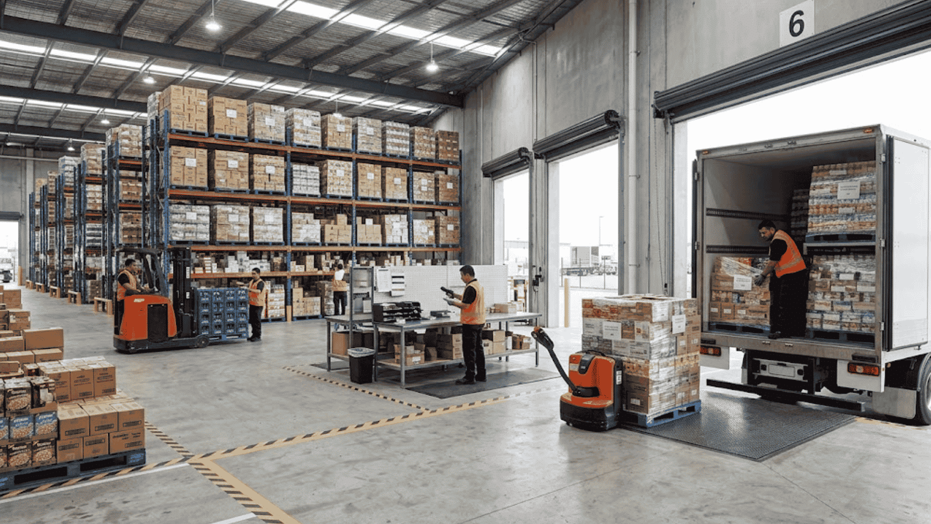 Food and beverage supply chain management in a warehouse with inventory and distribution operations.