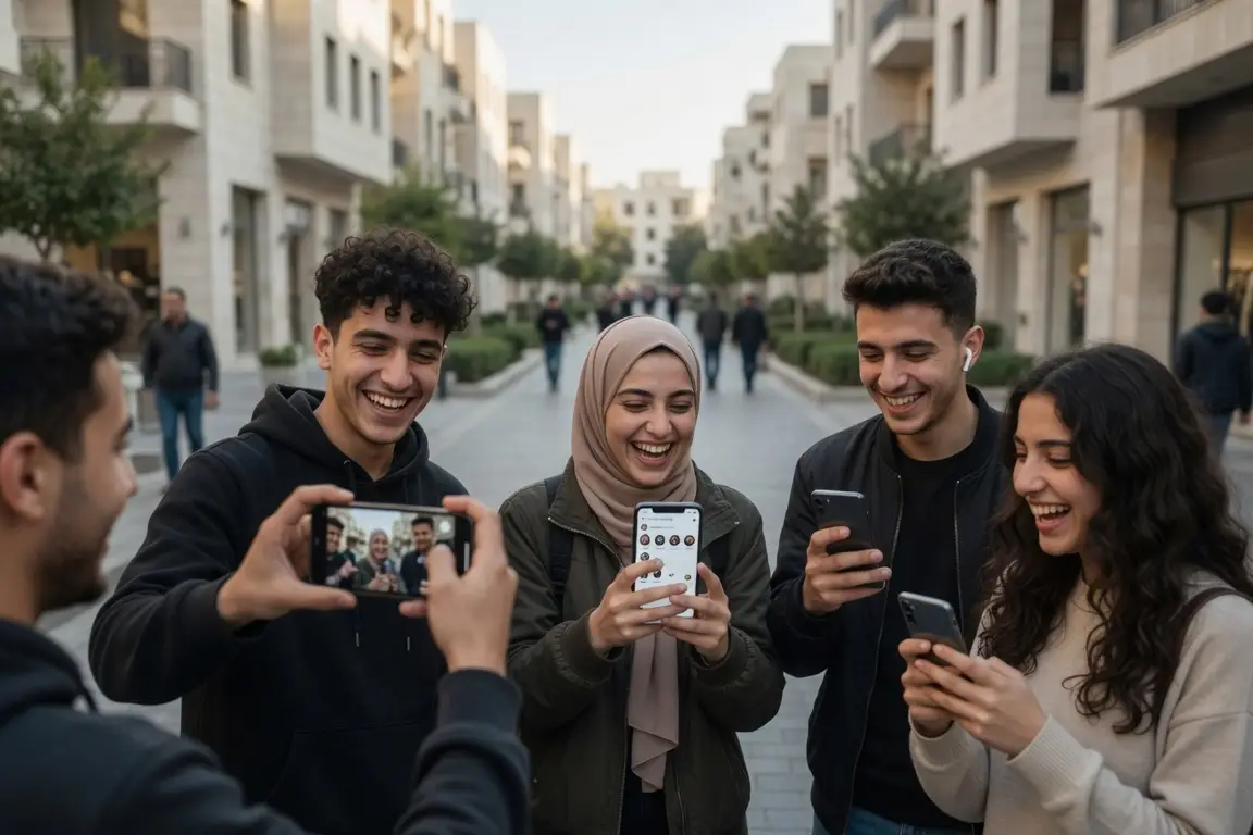 Group of friends laughing and looking at smartphones on city street in daylight