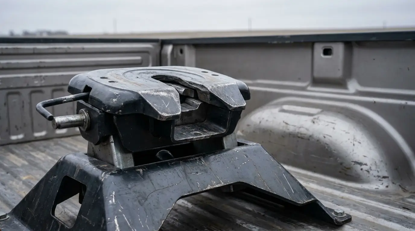 Fifth wheel hitch installed in a truck bed on a cloudy day