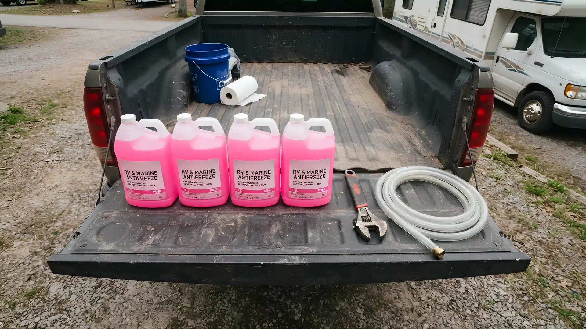 Four jugs of RV antifreeze, coiled hose, and tools laid on a truck tailgate.