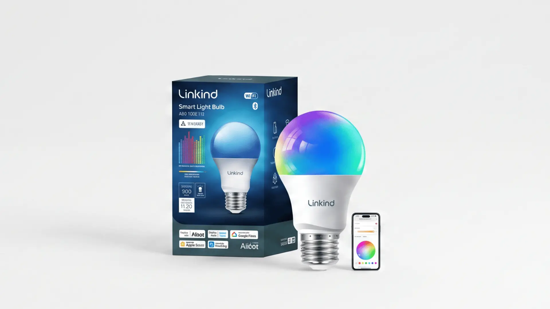 Four Linkind Matter A19 smart bulbs displaying adjustable warm-to-cool white light.