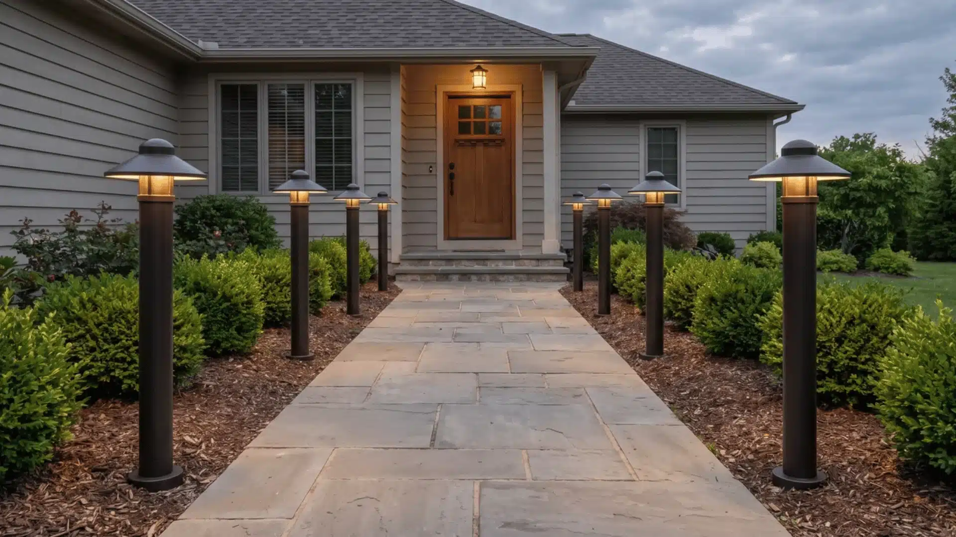 Four post lights spaced along a walkway leading to a front door