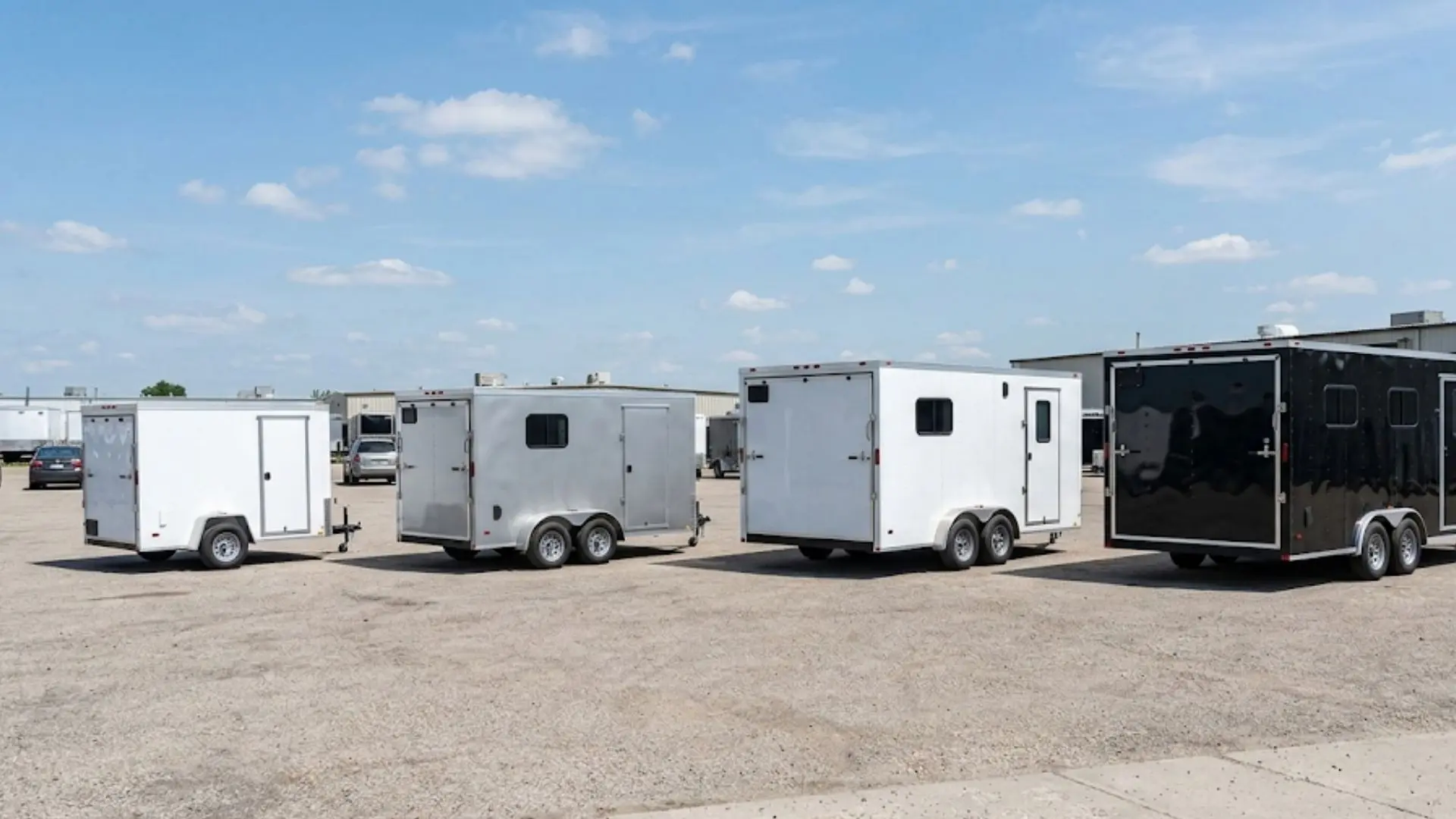 Four white and black cargo trailers of increasing sizes are parked in a line on an asphalt lot