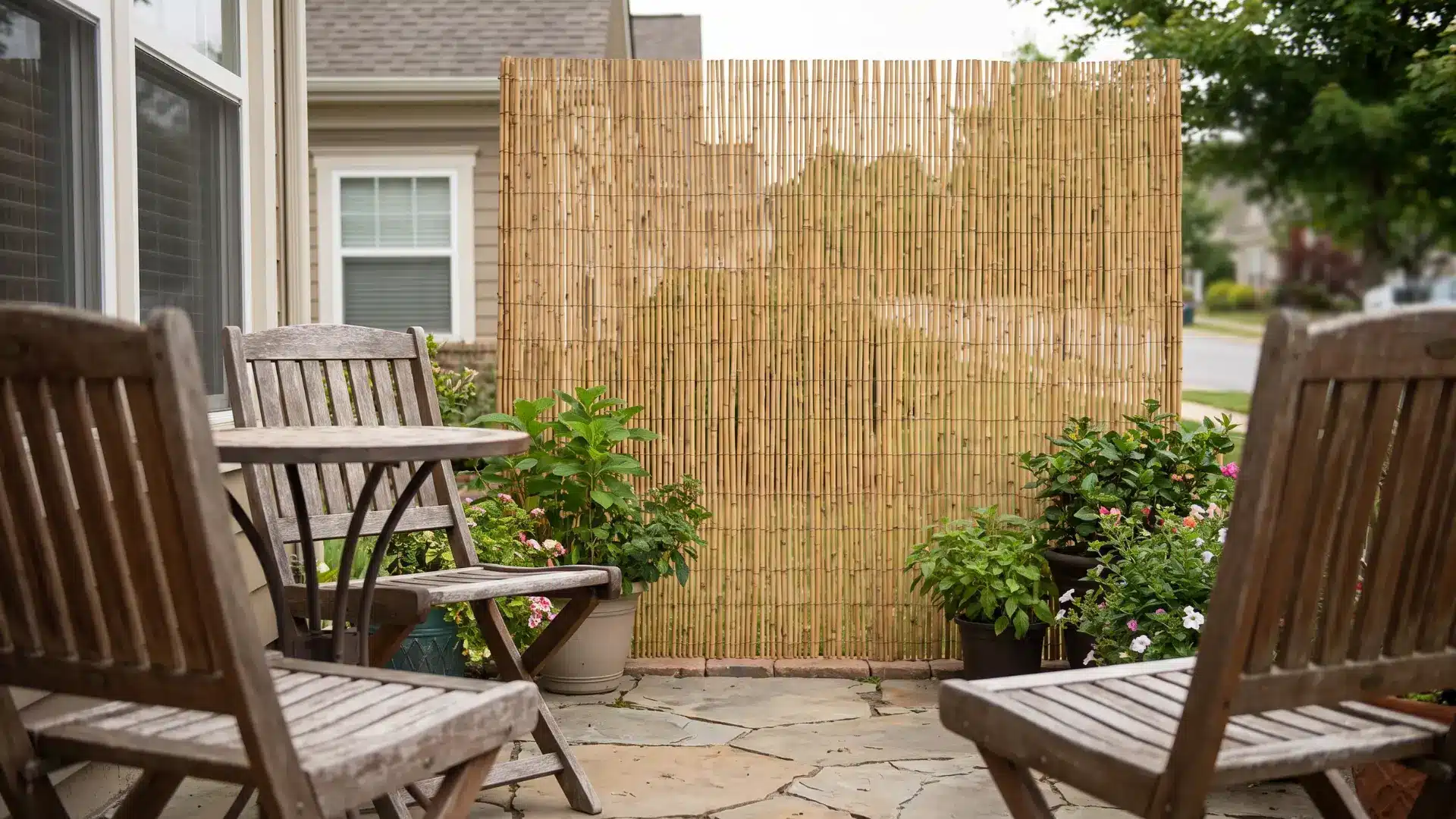 Freestanding privacy screen placed beside seating at the exposed edge of a small patio