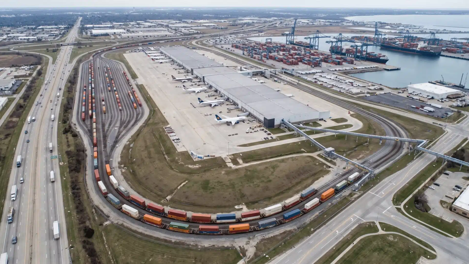 Freight network with trucks, rail, cargo aircraft, and sea containers