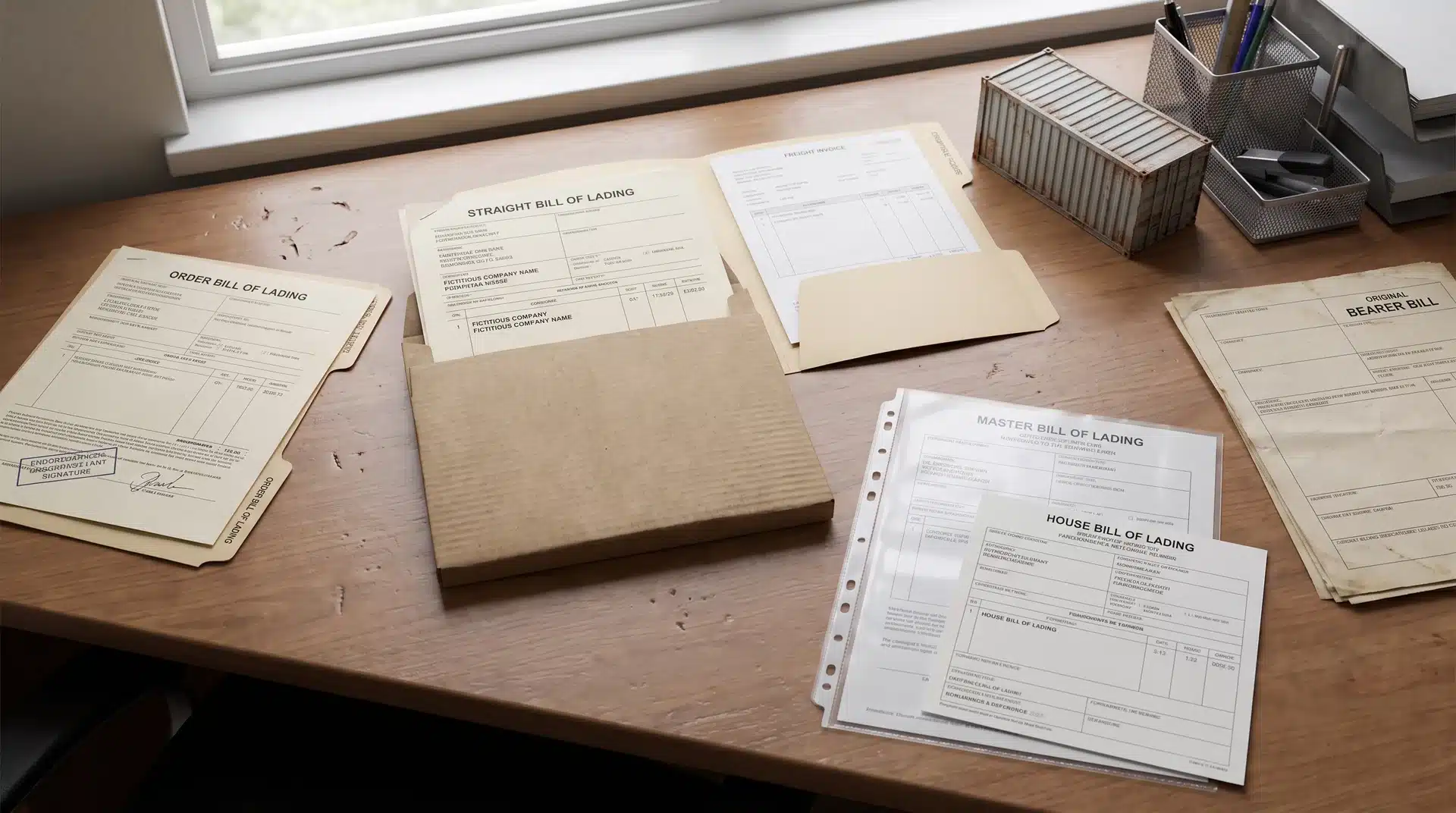 Freight shipping documents representing different types of bills of lading