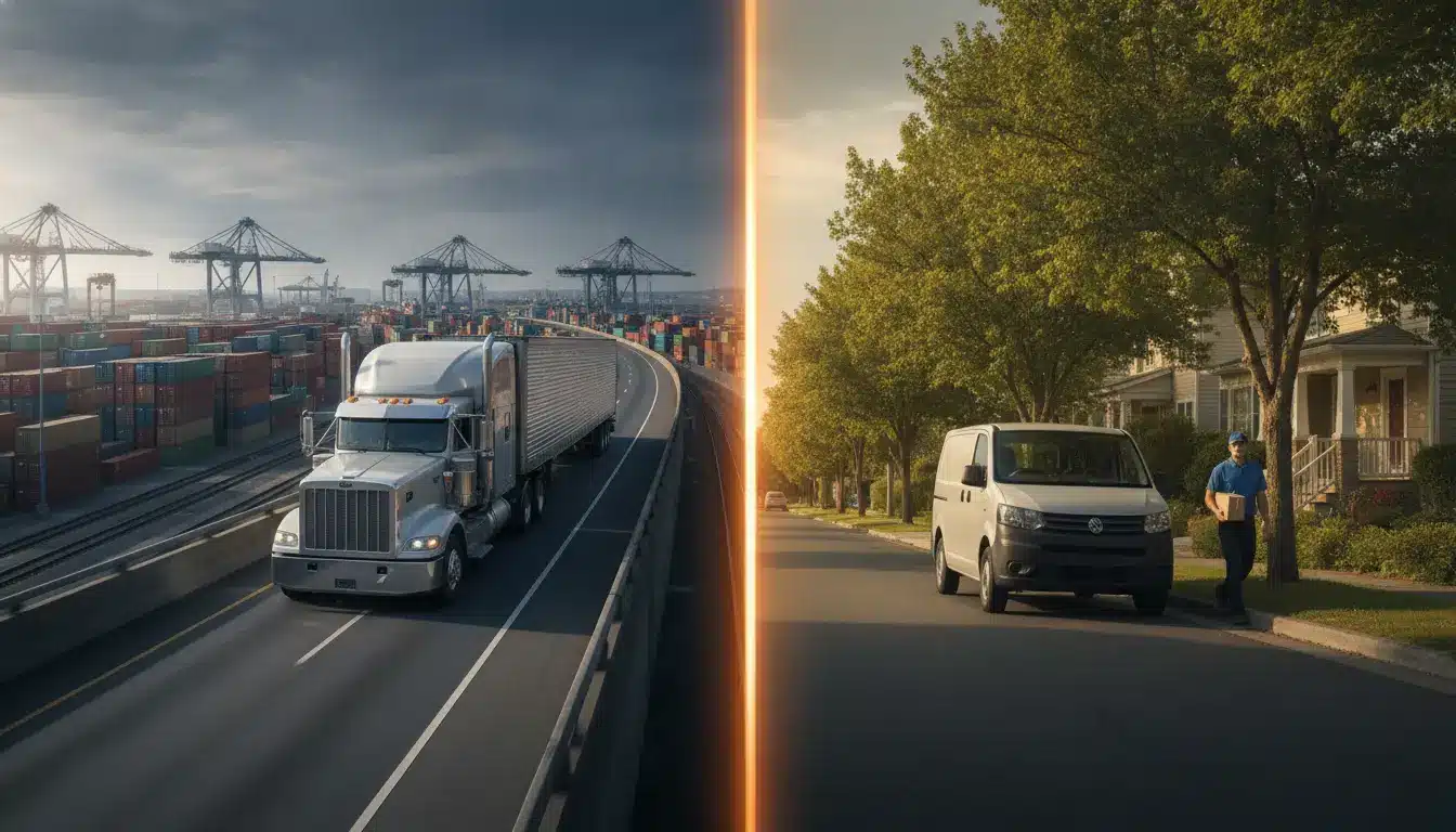 Split image of a truck on highway near containers and a delivery van in suburban neighborhood