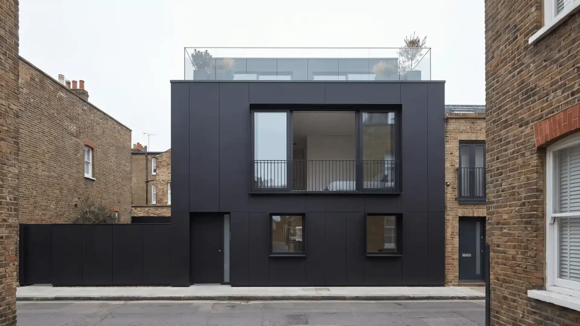 Front view of a narrow black modern urban home with dark cladding, controlled windows, and a rooftop terrace
