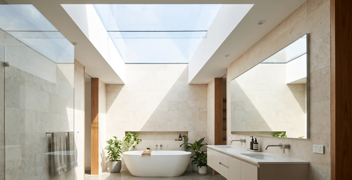 Full bathroom beneath a large overhead skylight bringing daylight into the room.