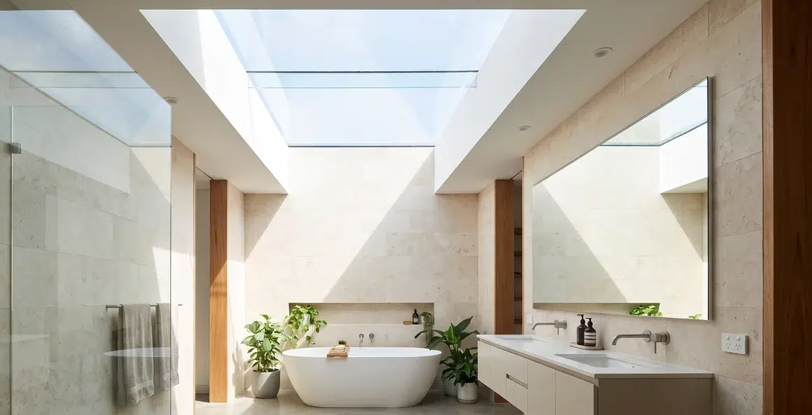Full bathroom beneath a large overhead skylight bringing daylight into the room.