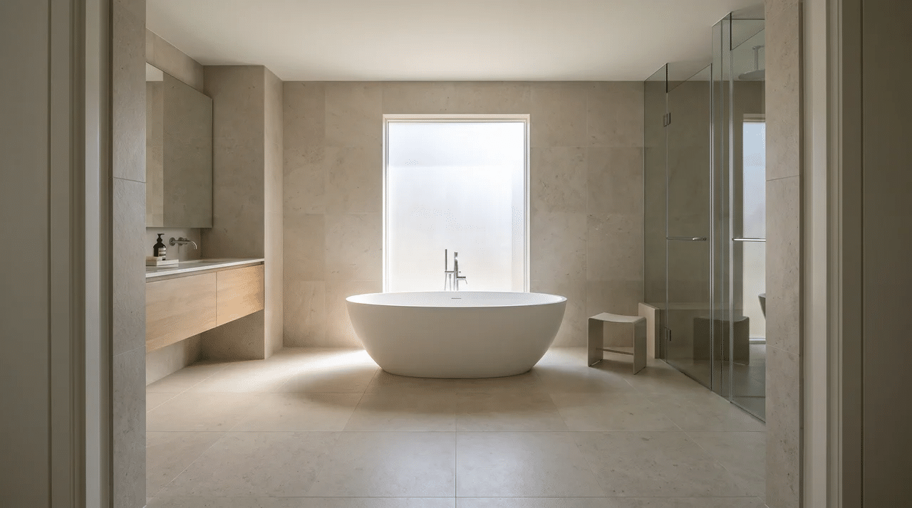 Full bathroom centered on a freestanding soaking tub with the complete tub visible.