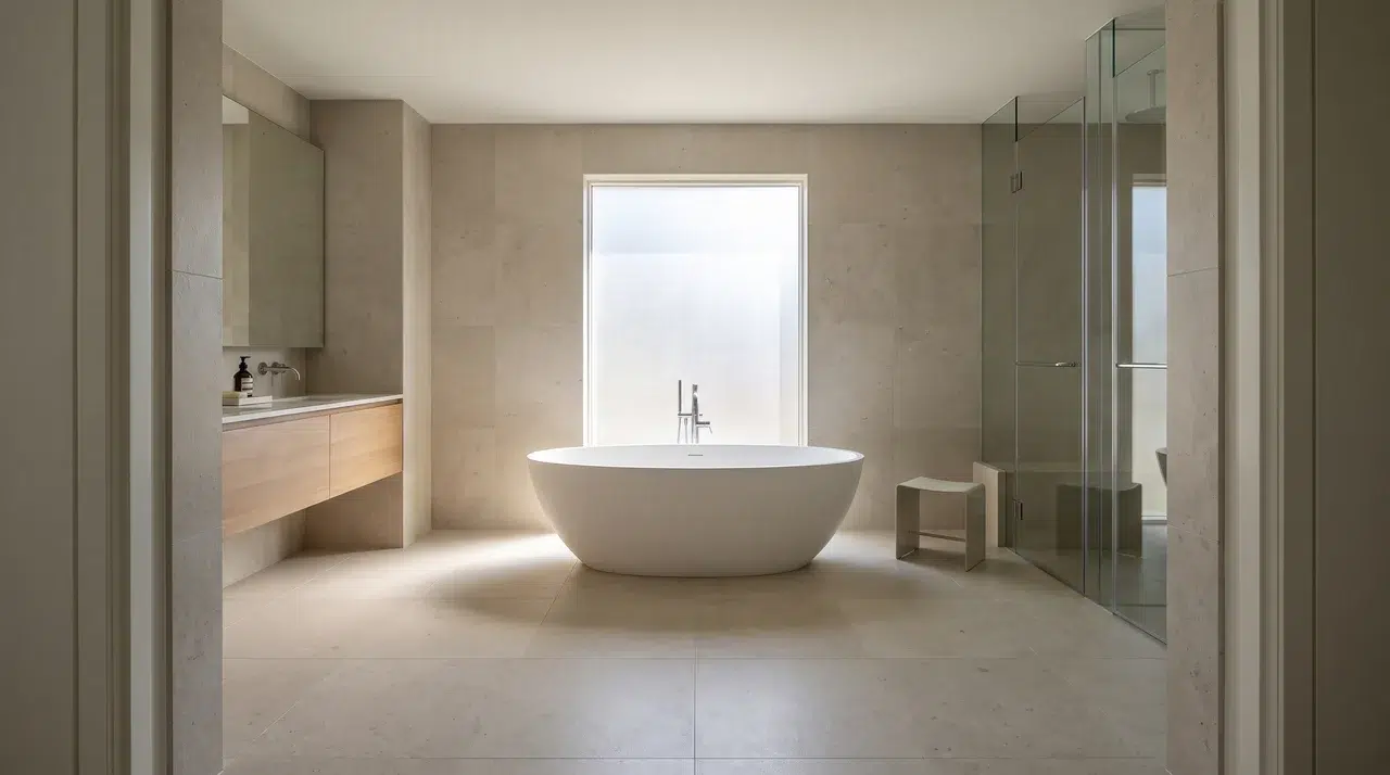 Full bathroom centered on a freestanding soaking tub with the complete tub visible.