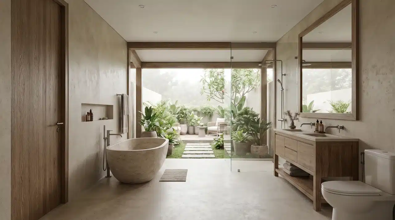 Full bathroom opening directly toward a garden or patio with no visible door.