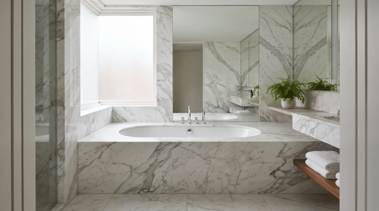 Full bathroom with a bathtub enclosed by a marble surround.
