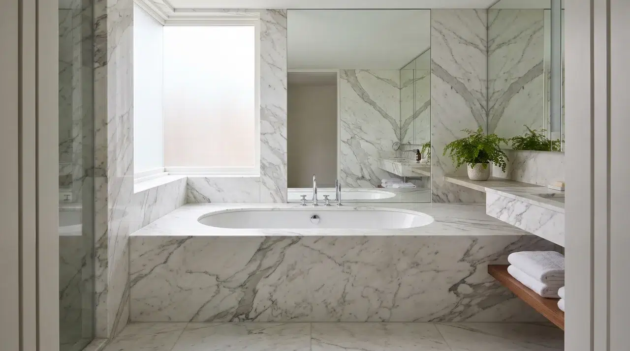 Full bathroom with a bathtub enclosed by a marble surround.