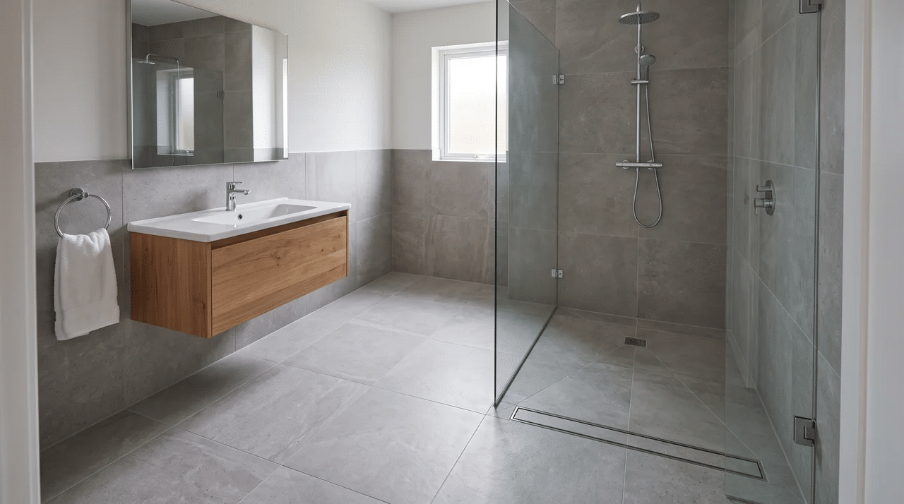 Full bathroom with a continuous curbless wet-room floor sloping toward a linear drain.