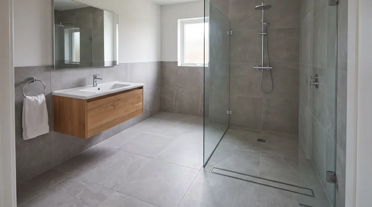 Full bathroom with a continuous curbless wet-room floor sloping toward a linear drain.