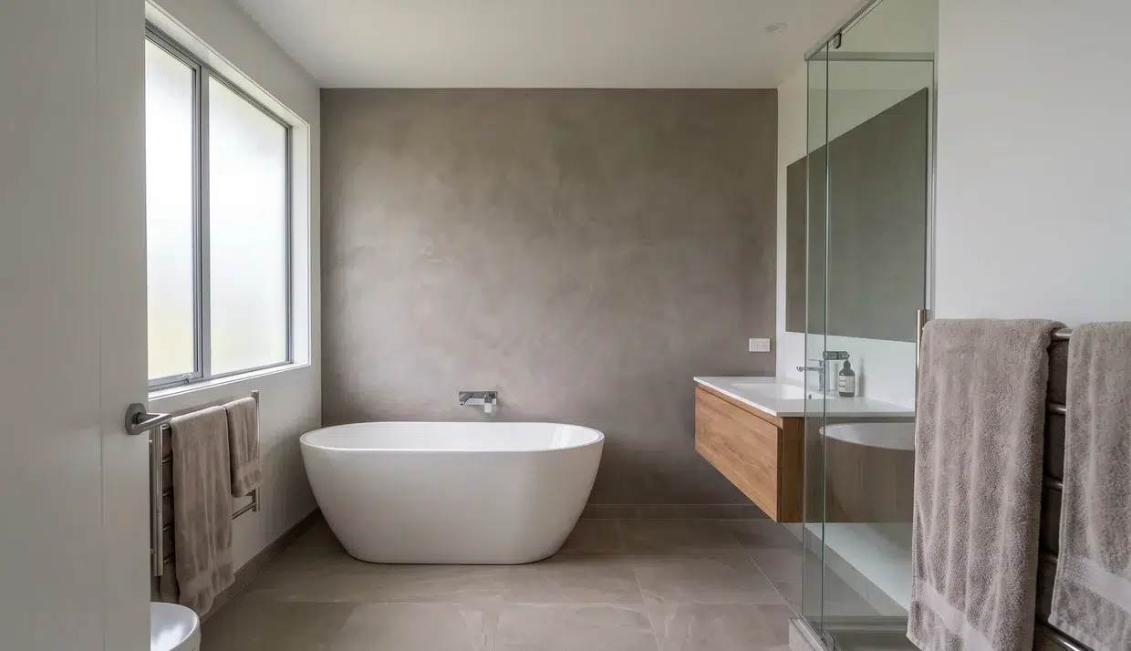 Full bathroom with a continuous Venetian plaster or microcement wall finish.