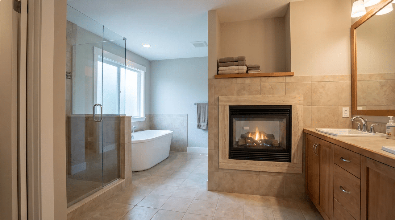 Full bathroom with a fireplace positioned in a dry area away from direct water spray.
