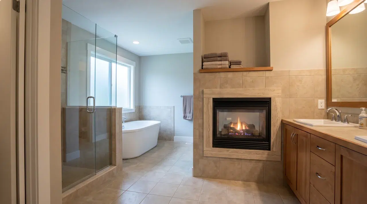 Full bathroom with a fireplace positioned in a dry area away from direct water spray.