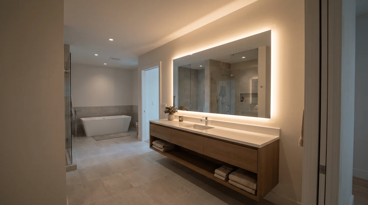Full bathroom with a large backlit mirror mounted above the vanity.