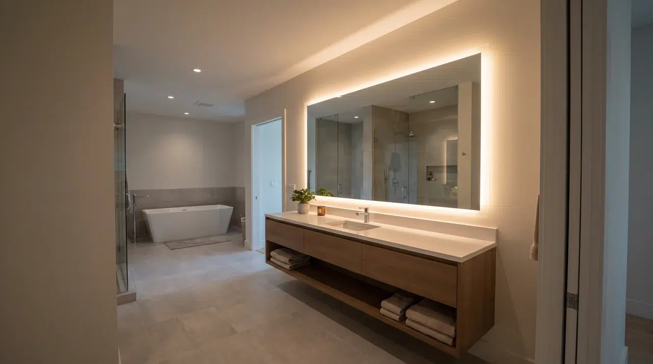 Full bathroom with a large backlit mirror mounted above the vanity.