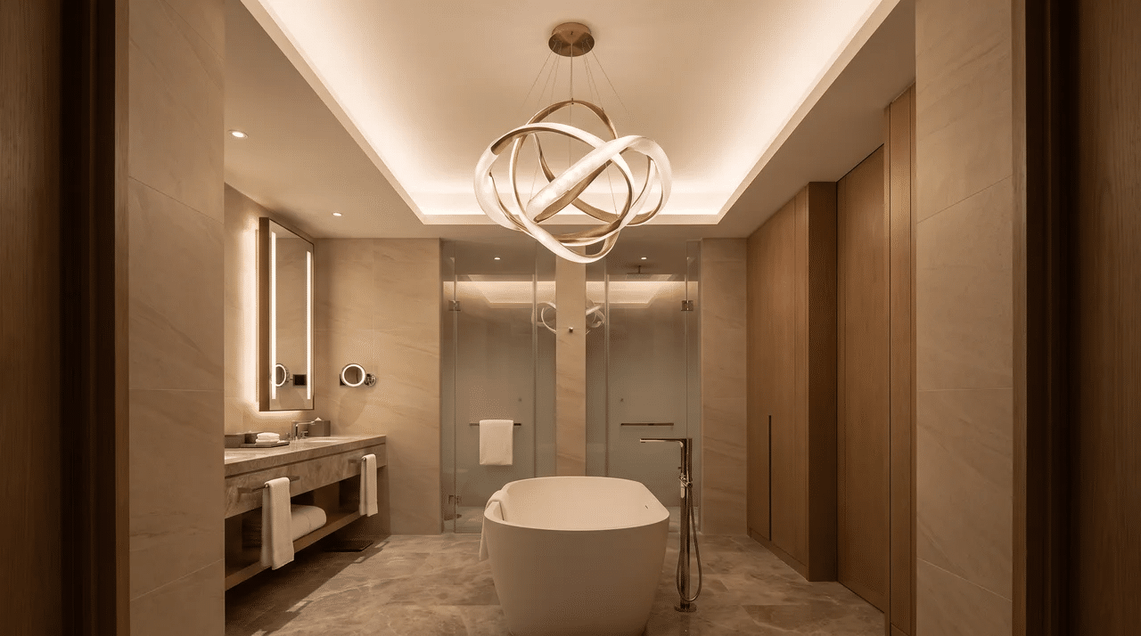 Full bathroom with a large sculptural hanging light fixture sized to the room.
