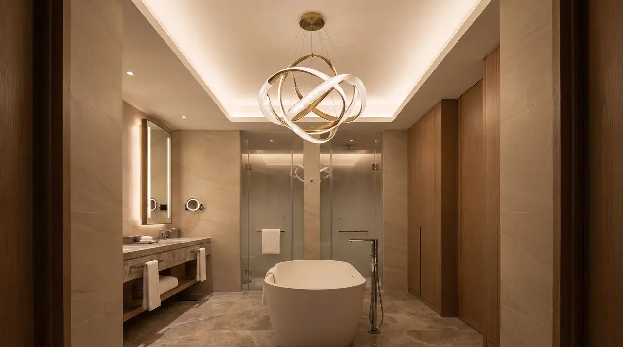 Full bathroom with a large sculptural hanging light fixture sized to the room.