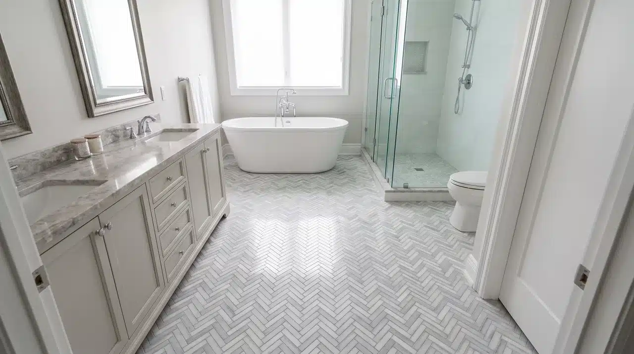 Full bathroom with a prominent herringbone or basketweave tile surface.