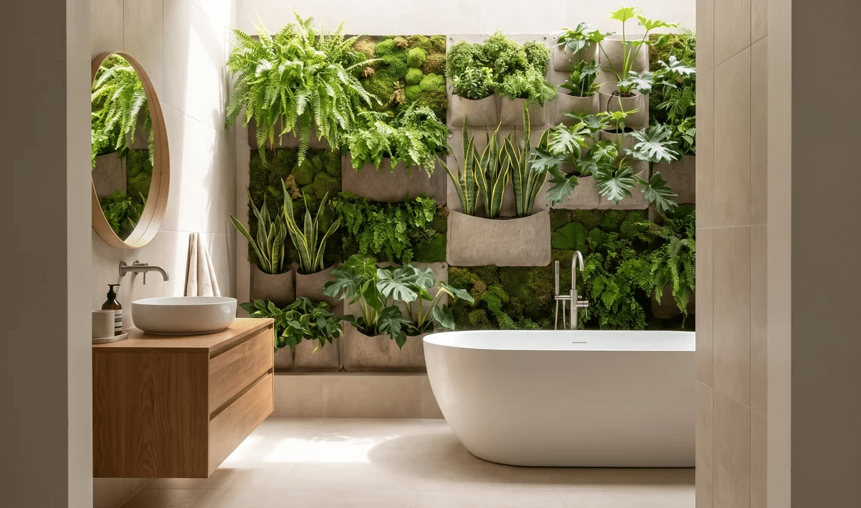 Full bathroom with a vertical living plant wall covering one interior wall.