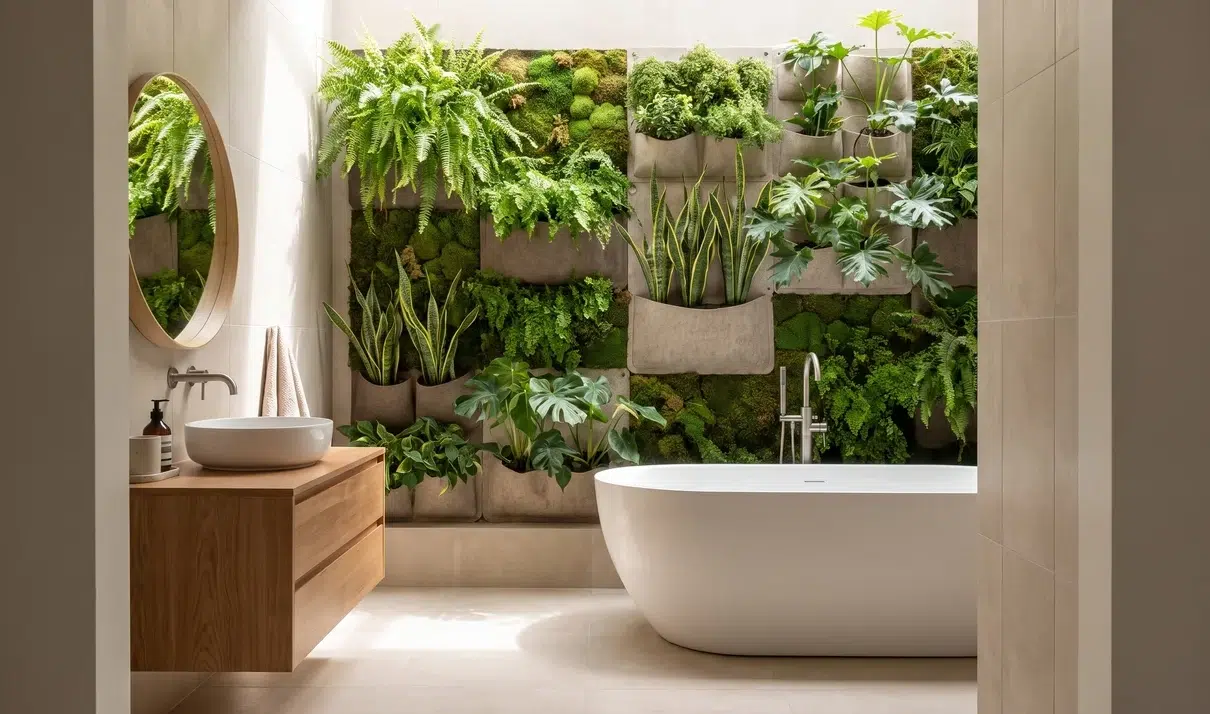 Full bathroom with a vertical living plant wall covering one interior wall.
