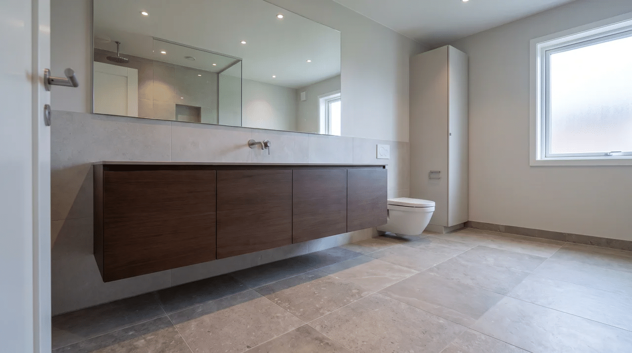 Full bathroom with a wall-mounted floating vanity and clear floor space beneath it.