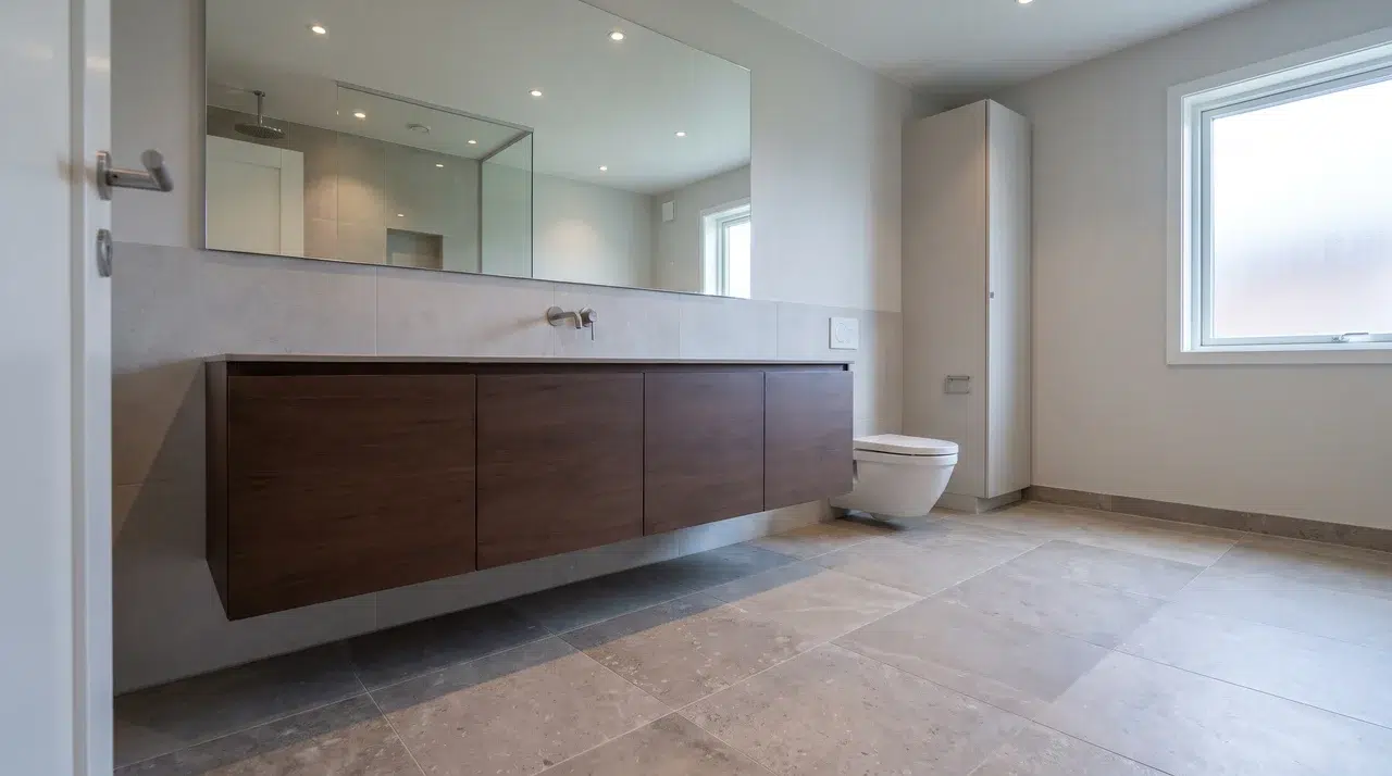 Full bathroom with a wall-mounted floating vanity and clear floor space beneath it.