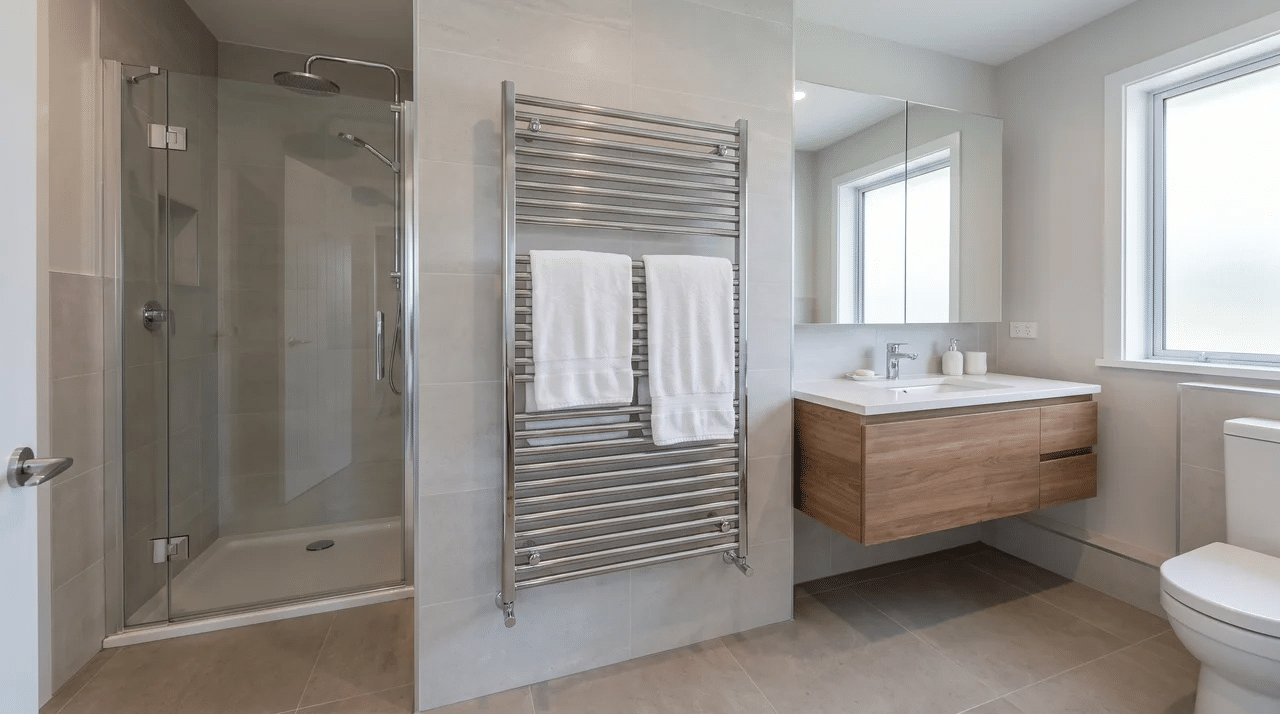Full bathroom with a wall-mounted multi-bar heated towel warmer.