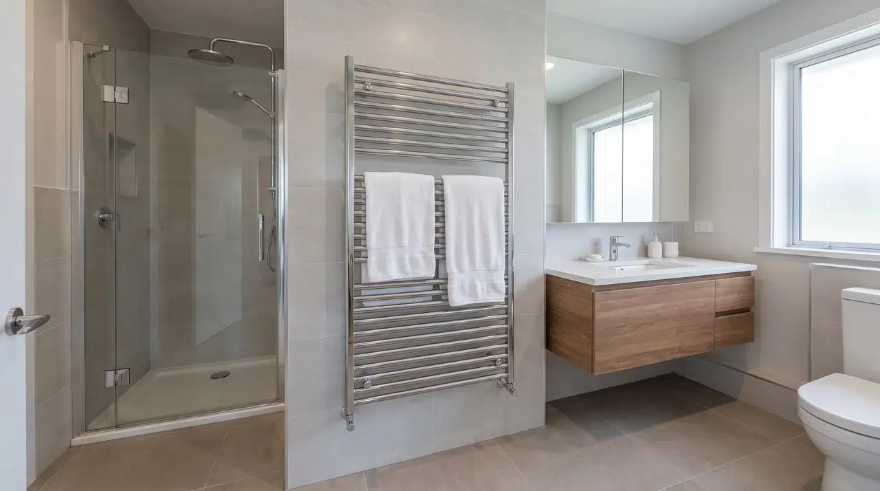 Full bathroom with a wall-mounted multi-bar heated towel warmer.