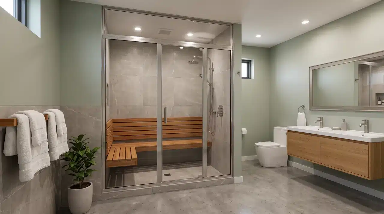 Full bathroom with an enclosed steam shower and built-in bench seating inside.