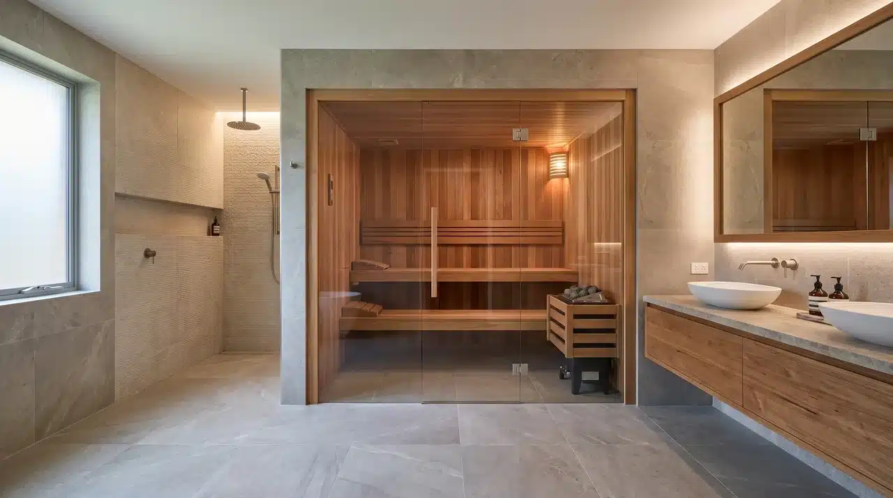 Full bathroom with an integrated wood-paneled home sauna enclosure and built-in benches.