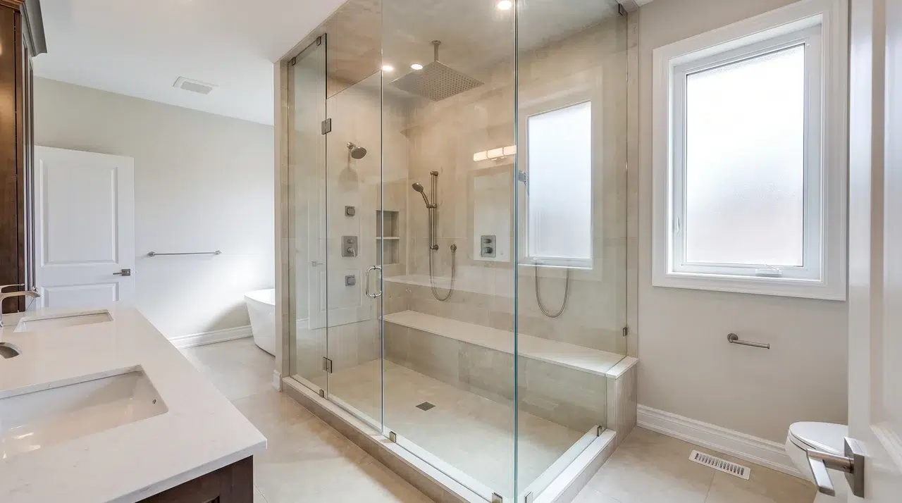 Full bathroom with an oversized walk-in shower fitted with multiple showerheads.