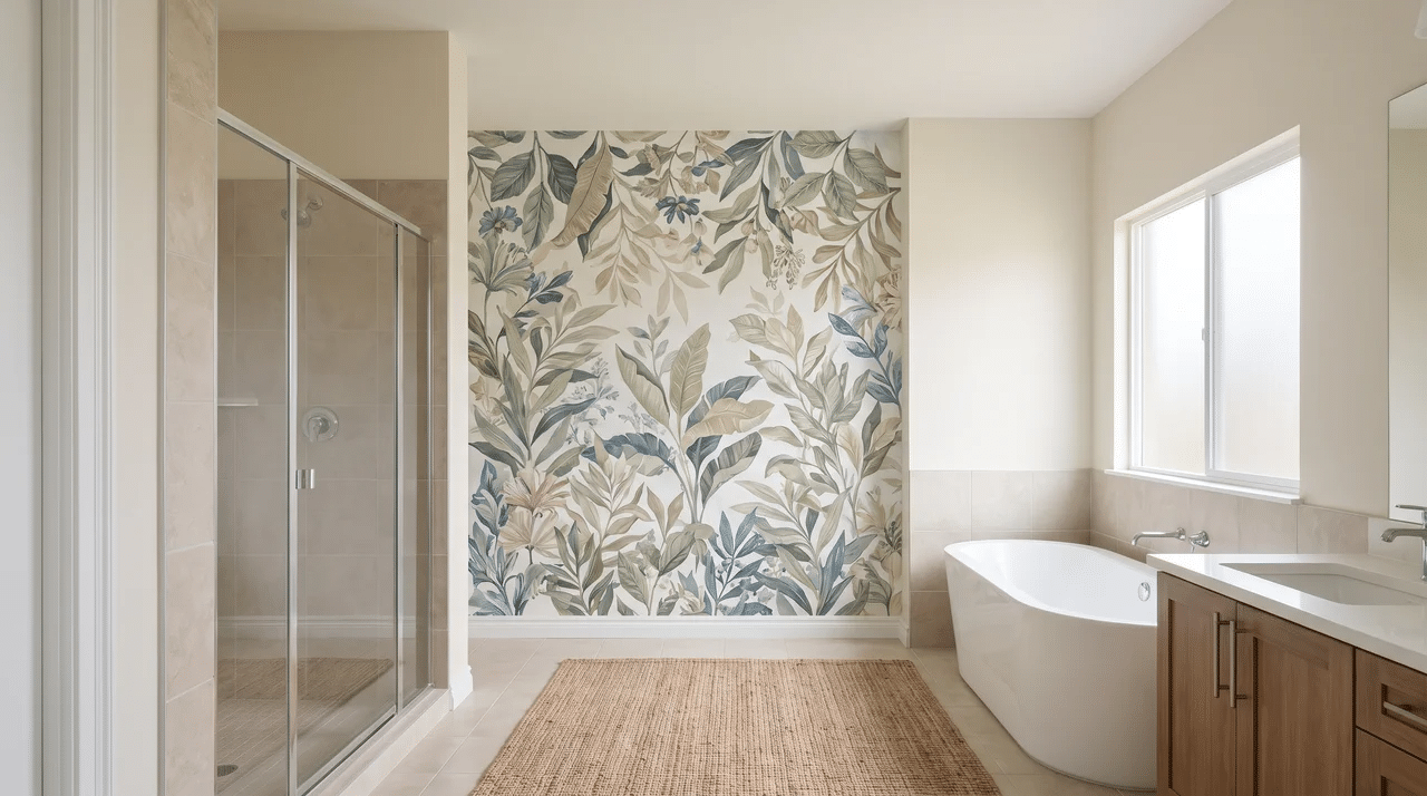 Full bathroom with an unobstructed botanical mural or wallpaper covering one accent wall.