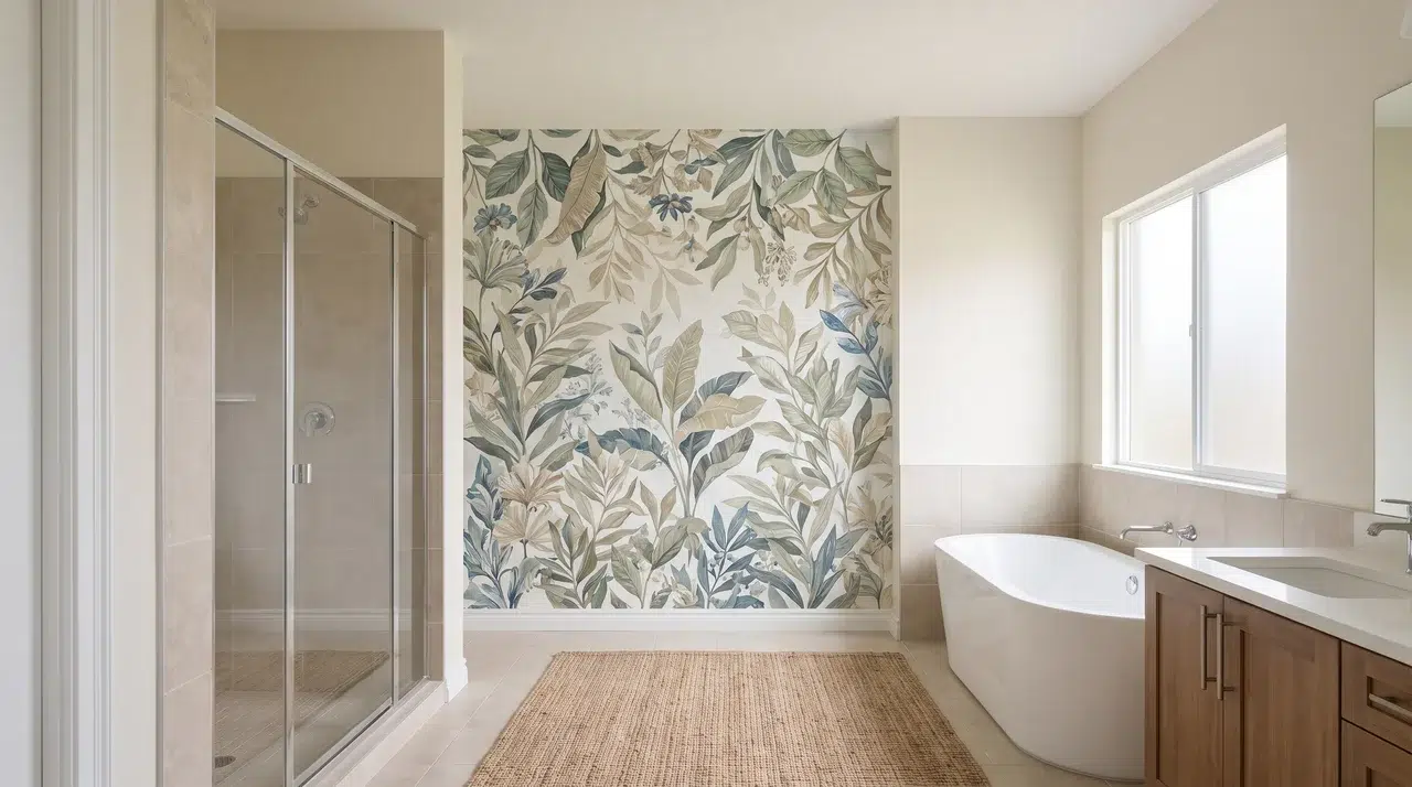 Full bathroom with an unobstructed botanical mural or wallpaper covering one accent wall.