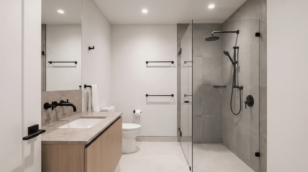 Full bathroom with coordinated matte black or brushed brass fixtures across vanity and shower areas.
