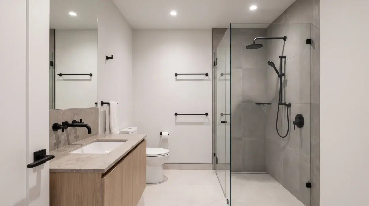 Full bathroom with coordinated matte black or brushed brass fixtures across vanity and shower areas.