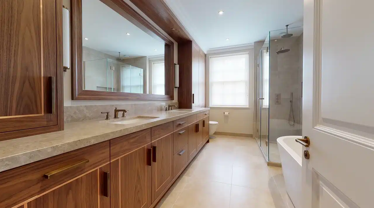 Full bathroom with fitted wood millwork cabinetry and bronze detailing.