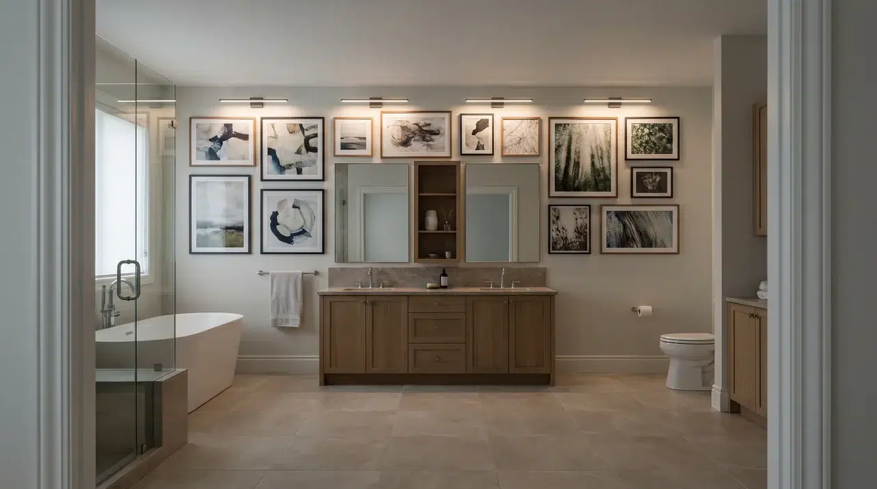 Full bathroom with framed art in humidity-safe frames and dedicated picture lighting.